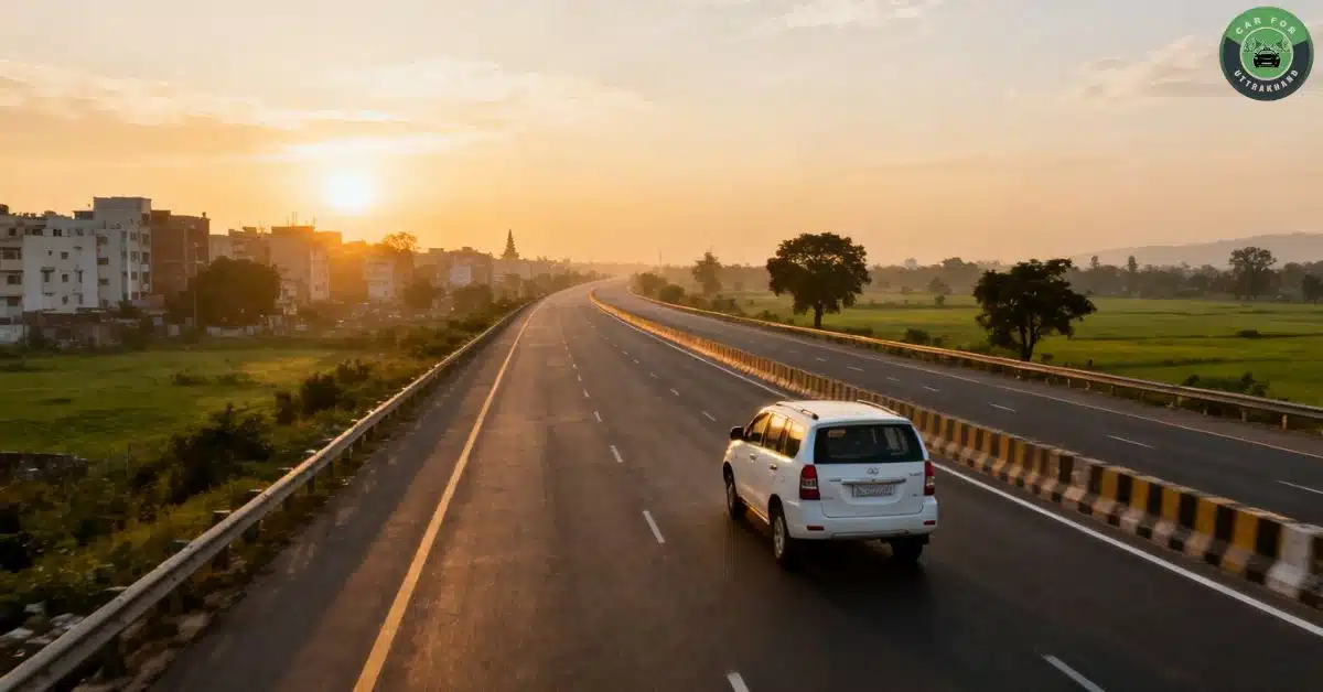 Delhi to Haridwar highway drive at sunrise with SUV on open road