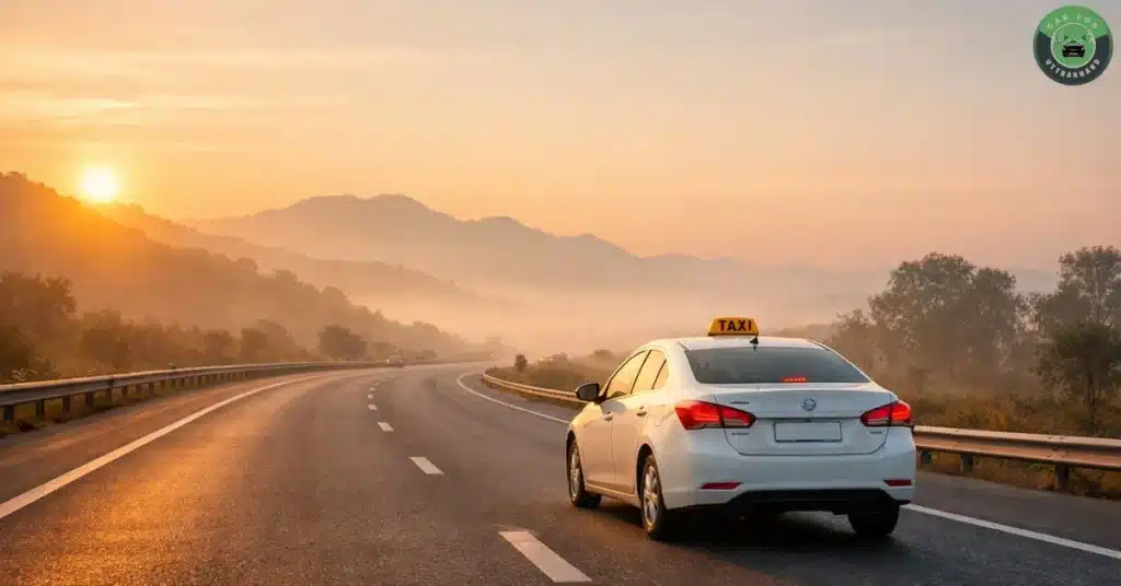 Taxi driving from Haridwar highway toward Delhi skyline at sunrise