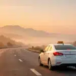 Taxi driving from Haridwar highway toward Delhi skyline at sunrise
