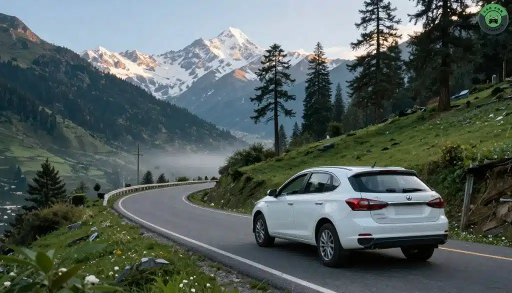 Taxi driving on Uttarakhand mountain road with scenic Himalayan view