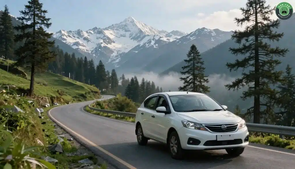 Car on winding hill road in Uttarakhand with mountains and pine trees
