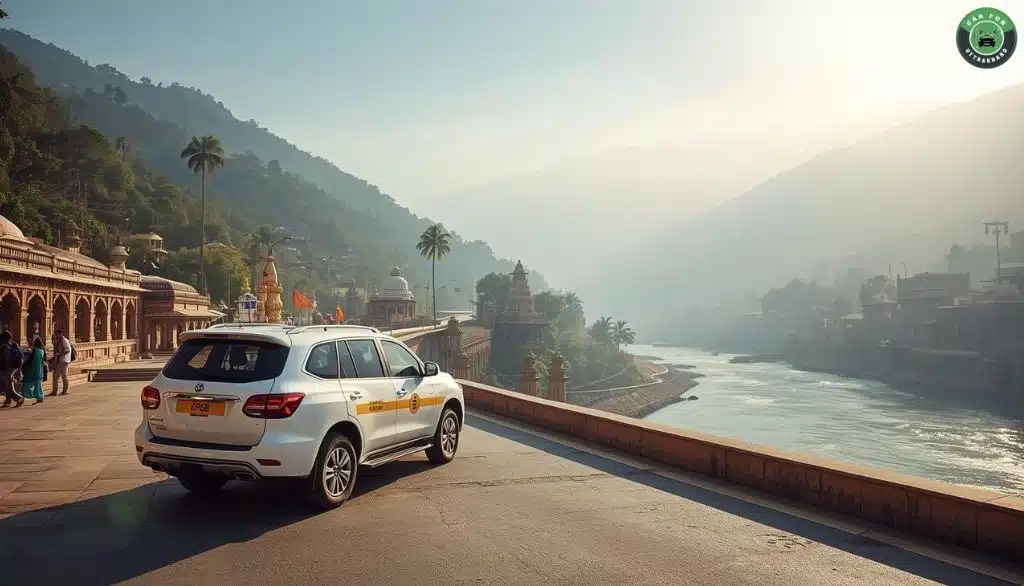 Taxi service in Haridwar for Char Dham Yatra near Ganga ghat and hills view